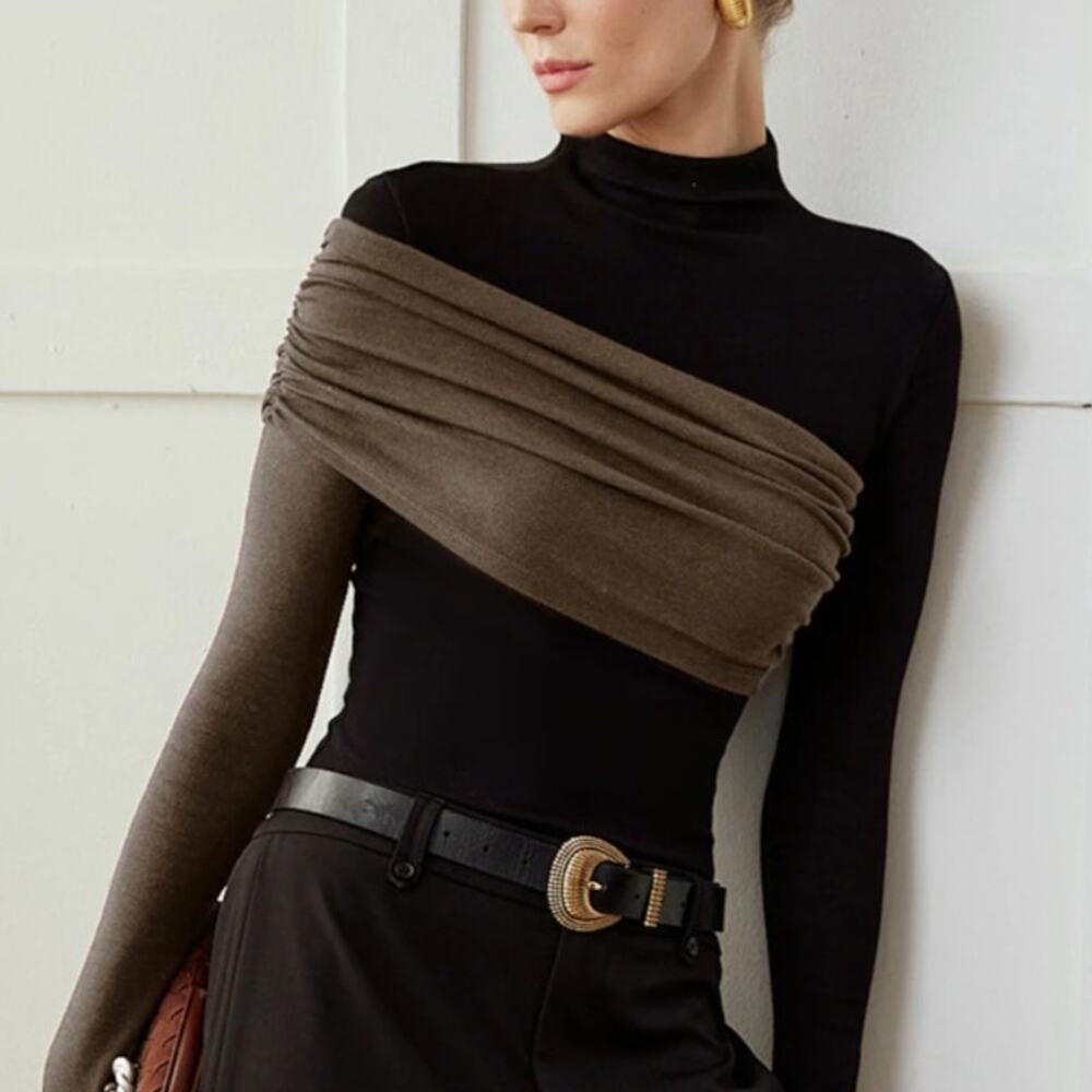 Commense Black Brown Color Block Top XL NWT Mock Neck Slim - Modern Chic